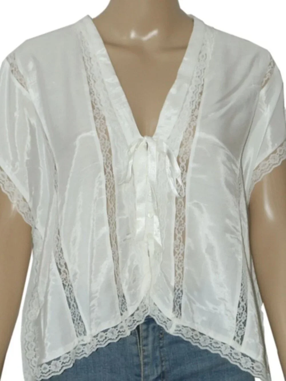 Free People Marigold Shine Lace Top Buttondown Tie V Neck Ivory Blouse